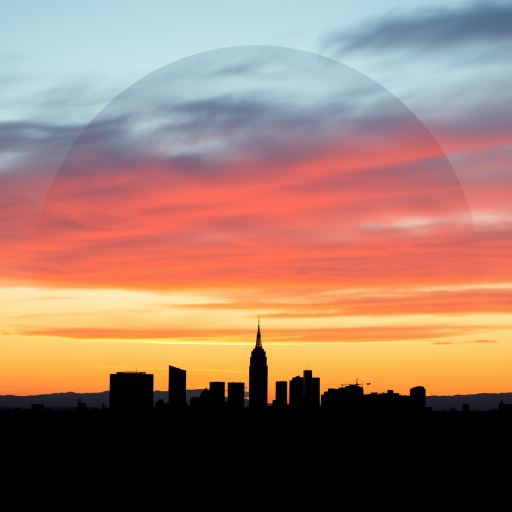 Generate a detailed skyline silhouette in a circular layout, high resolution, with a wide-angle view, f/8 aperture, ISO 100, and a tripodal setup for stability.