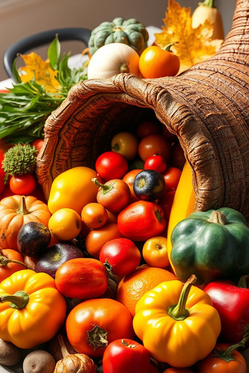 Generate an image of a cornucopia overflowing with vibrant fruits and vegetables, using a DSLR camera with a 50mm lens at f/1.8 aperture, ISO 200, and a slight top-down view to enhance texture and colors in a bright, natural light setting.