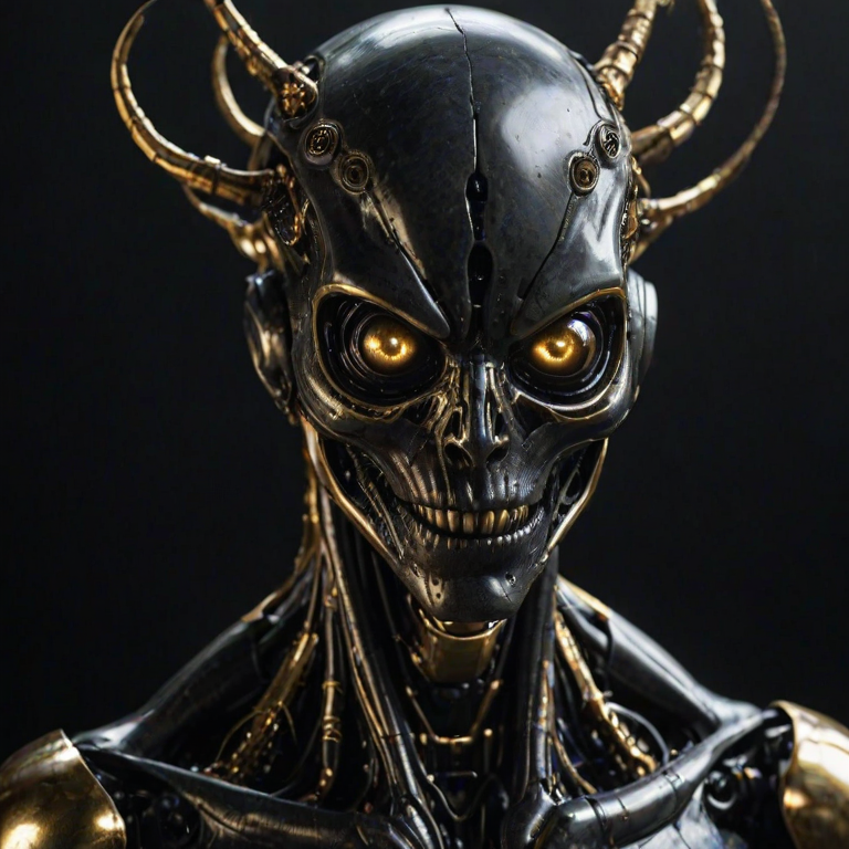 robotic body,made out of black mate steel ,golden cracks , black eyes,f ocused lighting, crown  on head, dark background, close up, portret ,alien  looking creature, tentacles coming out of head
