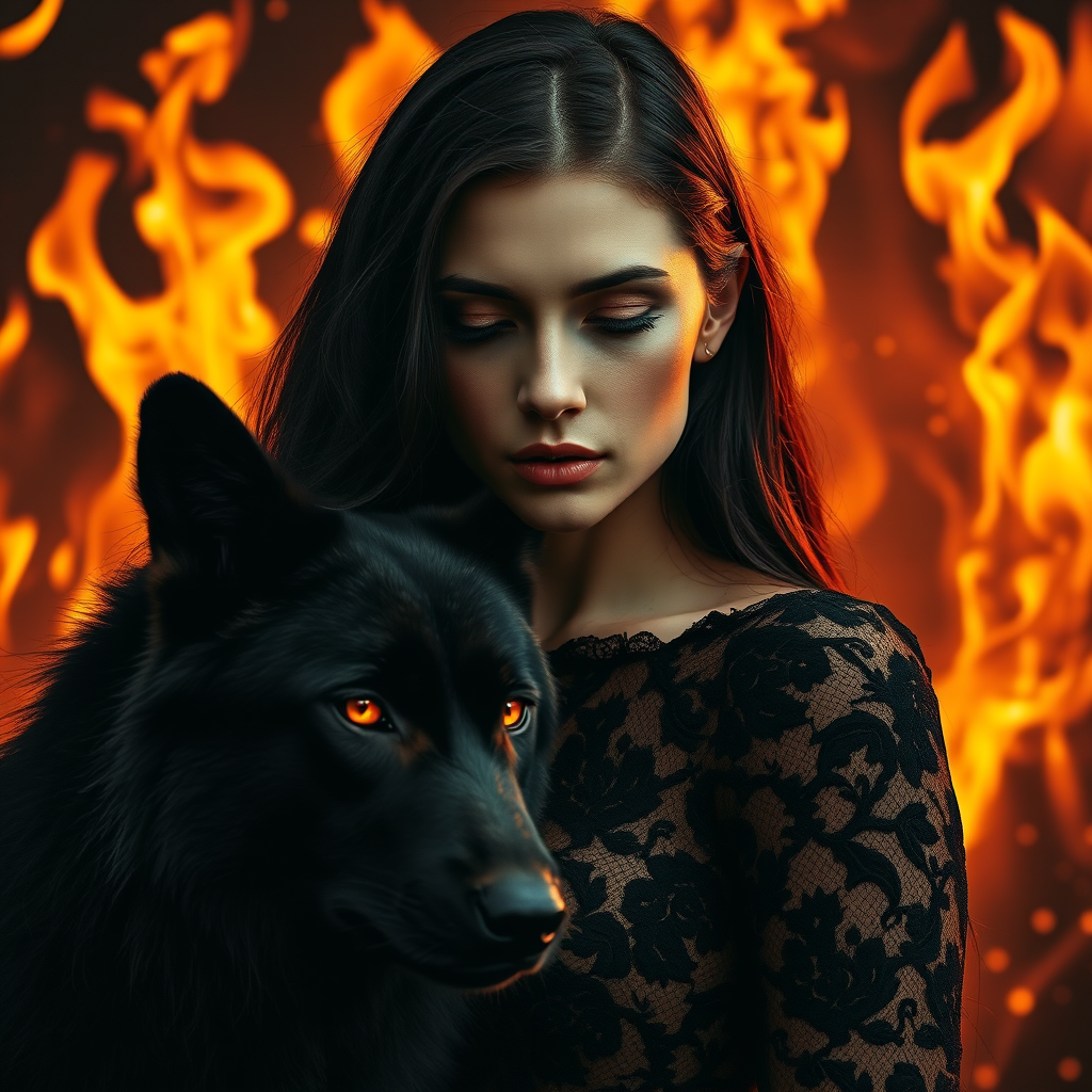 A woman with long dark hair, wearing a black lace dress that seamlessly blends into her skin with intricate floral patterns. She is in the foreground, with a black wolf beside her; its fur is midnight black, and it has glowing, intense, orange eyes that match hers. Her eyes are partially closed with burning embers above them, giving a fiery and mystical aura. The background is engulfed in tall, roaring flames, contributing to an overall dark and supernatural atmosphere. The colors are intense, predominantly black, fiery orange, and deep reds, with sharp contrast highlighting the mysterious and fierce theme. The flames are bright and dynamic, casting dramatic light and shadow, illuminating the woman and wolf while leaving parts in near darkness. The image evokes a sense of otherworldly power and connection between the woman and the wolf.