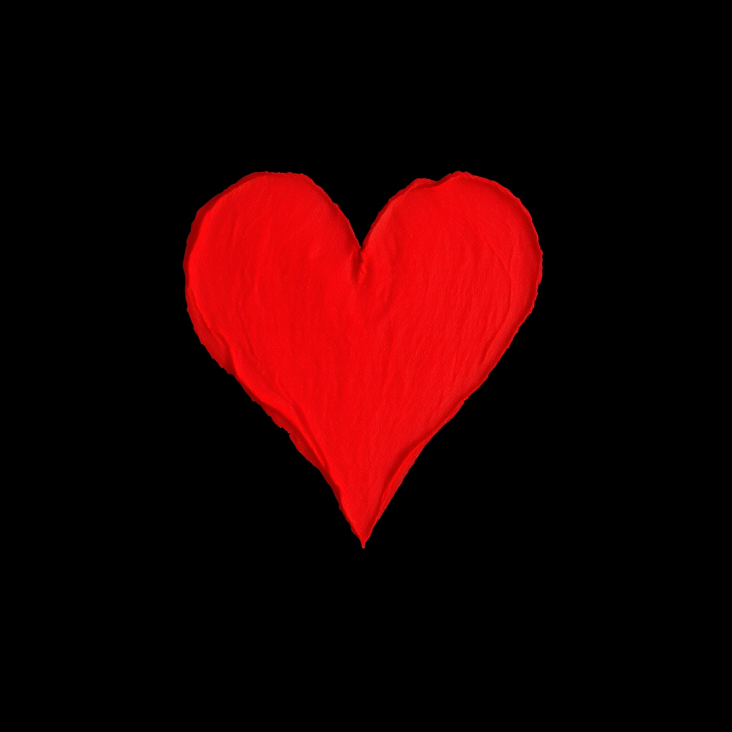 Create a vibrant red heart shape on a solid black background, captured with a DSLR camera at 50mm f/1.8 aperture, ISO 100, 1/60s shutter speed, using a macro lens for enhanced detail and sharpness.