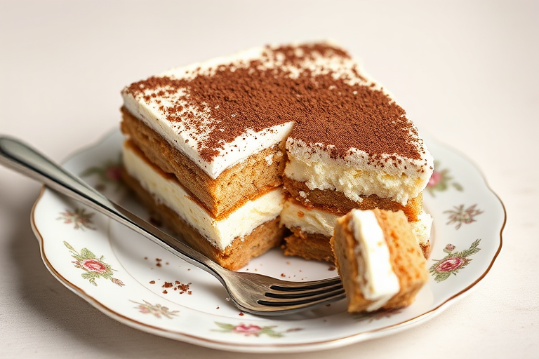 Create an image of a delicious layered dessert with a creamy texture and a dusting of cocoa powder on top. The dessert should be served on a decorative plate with a fork beside it. Include a partially eaten slice to showcase the layers of cake and cream inside. The background should be simple and neutral to emphasize the dessert.