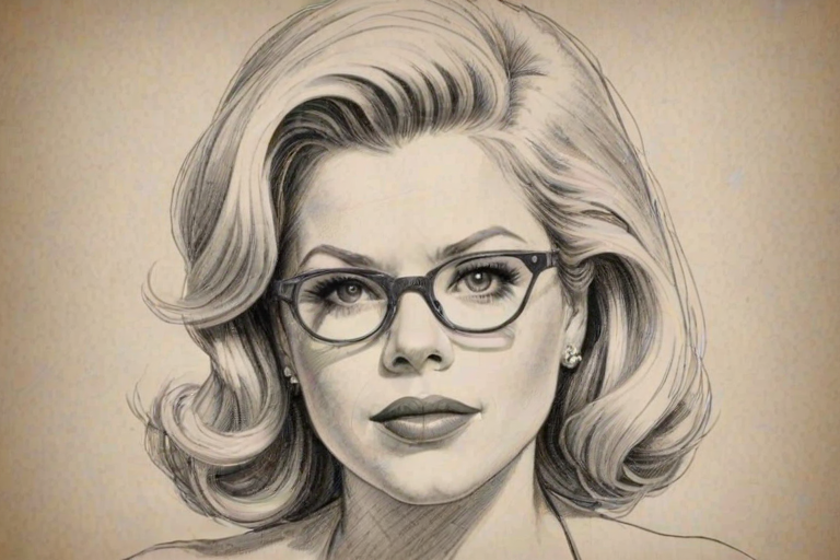 Bewitching Megan Hilty, pencil sketch, portrait of Delightful woman 1954s in glasses, hair style beatnik, outline, clear lines, fine lines, 8k