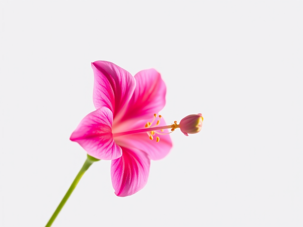 close-up shot of a pink flower with a bud on a plain white background, f/2.8 aperture, 50mm lens, ISO 100, natural light, DSLR camera