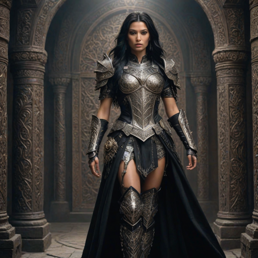 Create a photo of a fierce female warrior with long black hair, wearing an ornate, metallic armor. The armor includes a breastplate with intricate designs, shoulder guards, and gauntlets. The breastplate is decorated with a central emblem, possibly representing a mythical symbol, and has a sculpted, form-fitting design. She wears a belt with a large skull ornament at the center, and her armor extends into a partial skirt, revealing one leg. The overall look is both protective and stylish, with a dark, gothic aesthetic. The background is dimly lit, suggesting a medieval or fantasy setting, enhancing the warrior's imposing presence and intense expression.
