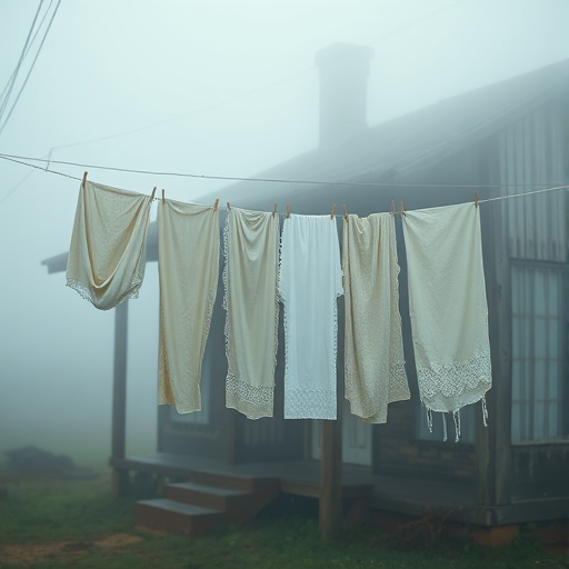 A serene, foggy scene featuring a clothesline with white and cream-colored fabrics hanging softly, in front of a rustic, weathered house, captured with a Canon EOS R5, 50mm lens, f/1.8, ISO 100, soft focus for dreamy quality.