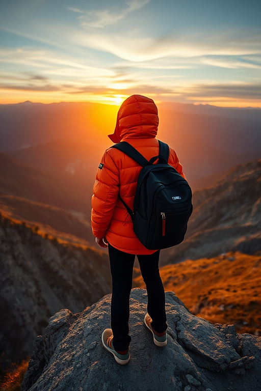 Capture a landscape of a person wearing an orange puffer jacket and a black backpack, standing on a rocky ledge overlooking a mountain range at sunset, shot with a Canon EOS R5, 50mm lens, f/1.8, ISO 100, at a 1/200 sec shutter speed, using HDR style for enhanced colors and details.