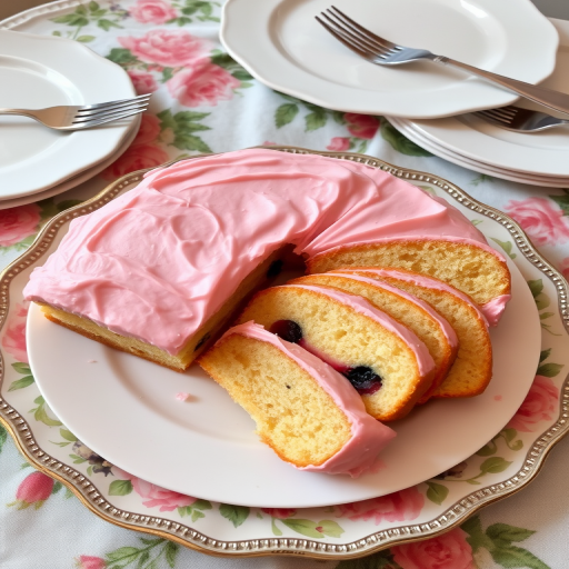 A beautifully arranged plate of freshly sliced cake with pink frosting and a layer of fruit filling visible in the slices, served on a decorative platter with a floral cloth in the background, accompanied by elegant white plates and forks.