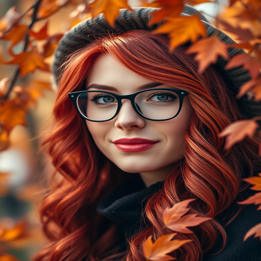 Portrait of a woman with wavy red hair wearing glasses and a hat, surrounded by autumn leaves, shot with a Canon EOS R5 at f/1.8, ISO 100, 50mm lens, in natural light for enhanced color saturation and bokeh effect.