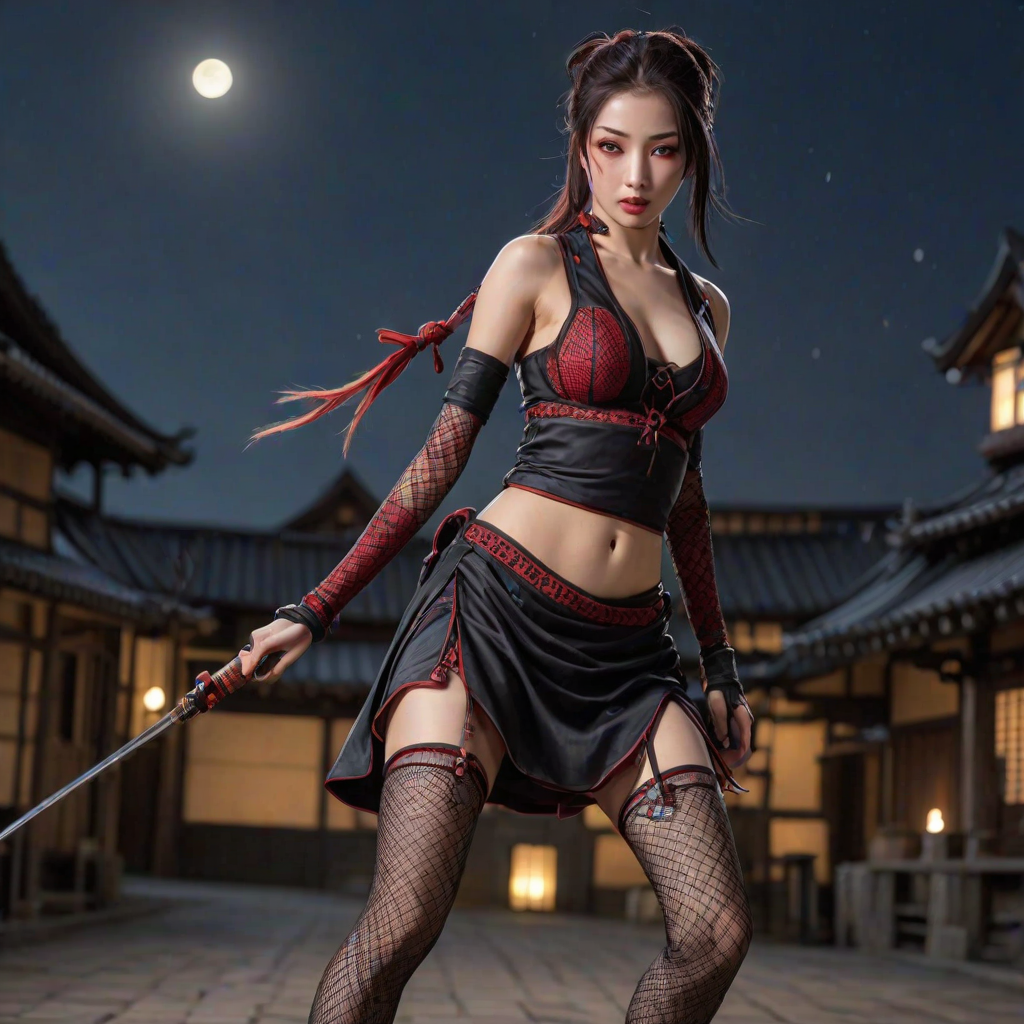 (((Cowboy shot)), (nodachi in 1hand), (((anime))), sehele style, <lora:Seunghee_Lee_Style_SDXL:0.7>, (porcelain skin:1.5), (((1woman))), (ponytail black hair:1.2), (the most beautiful red eyes:1.2), (tomboy:1.2), (((((medieval fantasy kunoichi in fullbody fishnet suit))))), purple scarf, (((ready to fight pose))), female shinobi, ninja, (((dynamic pose))), (((dynamic angle))), moonlit, 8k, 16K, trending on pixiv, fanbox, skeb, masterpiece, detailed face, smooth soft skin, beautiful intricate colored hair, digital painting, (((at night))), (((Japanese rooftops background)))