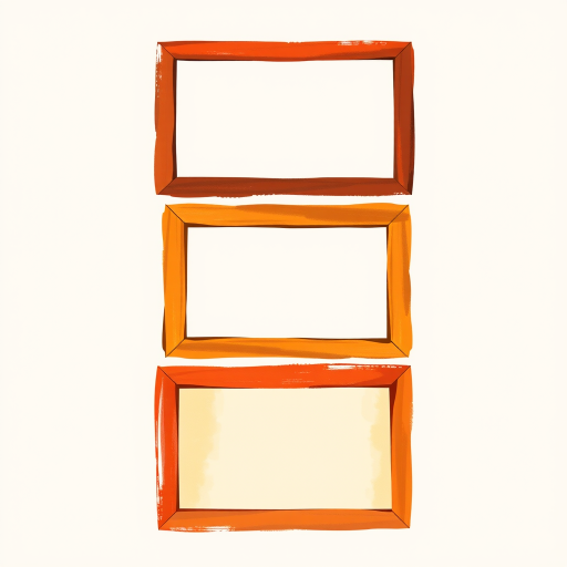 Create an artistic illustration of three different rectangular frames stacked above one another, using warm colors like reds, oranges, and yellows with a textured brushstroke effect, captured with a Canon EOS R5 at f/2.8, 50mm lens, and a shallow depth of field for enhanced image quality.