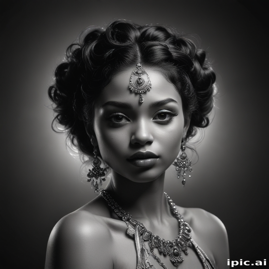 Elegant Portrait of a Young Woman with Intricate Jewelry and Curls