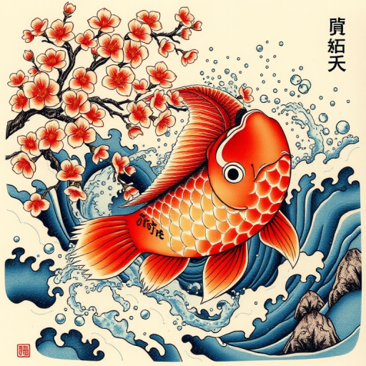 Japanese-inspired irezumi tattoo dubbed "Koi's Ascent" featuring a large, colorful koi fish swimming upstream through cherry blossoms and turbulent waves