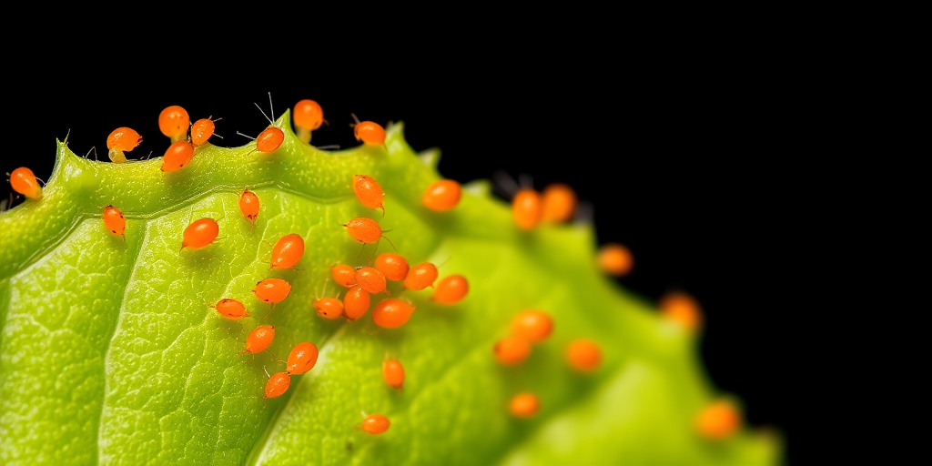 Close-up macro shot of a green leaf infested with orange aphids, captured with a Canon EOS 90D camera, 100mm f/2.8 macro lens, ISO 100, f/11, 1/200s, natural light, black background for contrast.