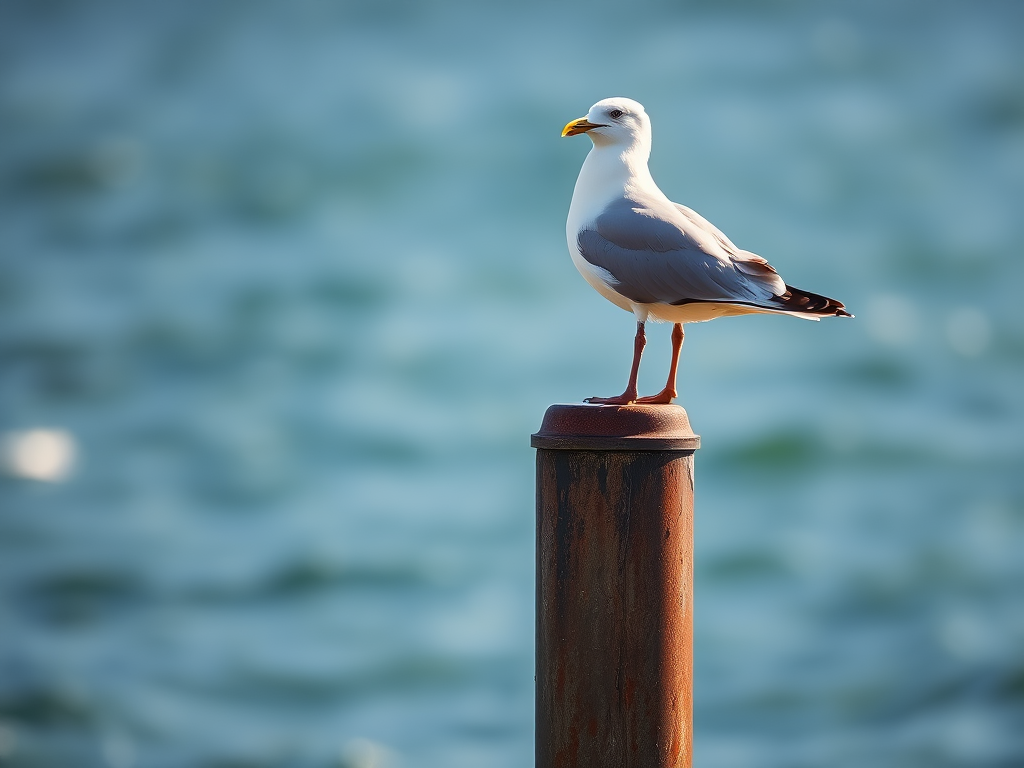 seagull perched on a rusty post by the sea, soft natural light, bokeh background, 50mm lens, aperture f/2.8, shutter speed 1/200, ISO 100, shallow depth of field, DSLR camera, high-resolution image