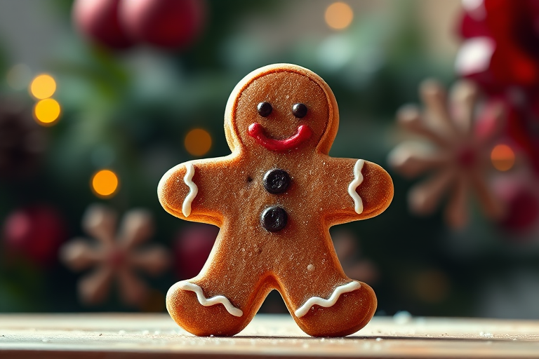 Create a high-resolution image of a gingerbread man with a glossy finish, using a DSLR camera with a 50mm lens, aperture set to f/2.8, ISO 100, shot from a slight top-down angle with soft natural lighting to enhance texture and color vibrancy.