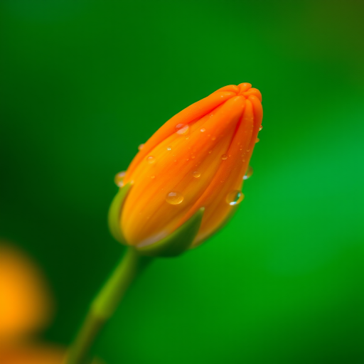 macro shot of an orange flower bud with water droplets, shallow depth of field, ISO 200, f/2.8, 1/200s, 100mm lens, natural soft lighting, blurred green background, Canon DSLR camera