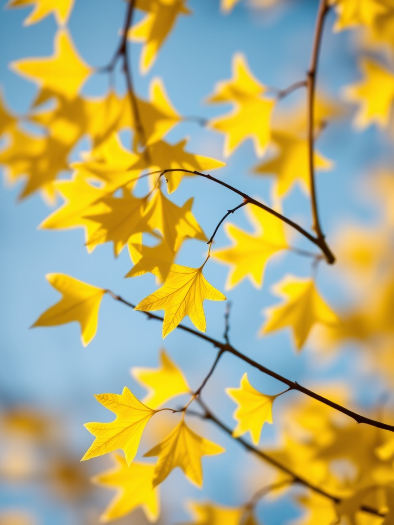 close-up shot of vibrant yellow ginkgo leaves against a soft blue background with shallow depth of field, aperture f/2.8, ISO 100, 50mm lens, natural daylight, DSLR camera
