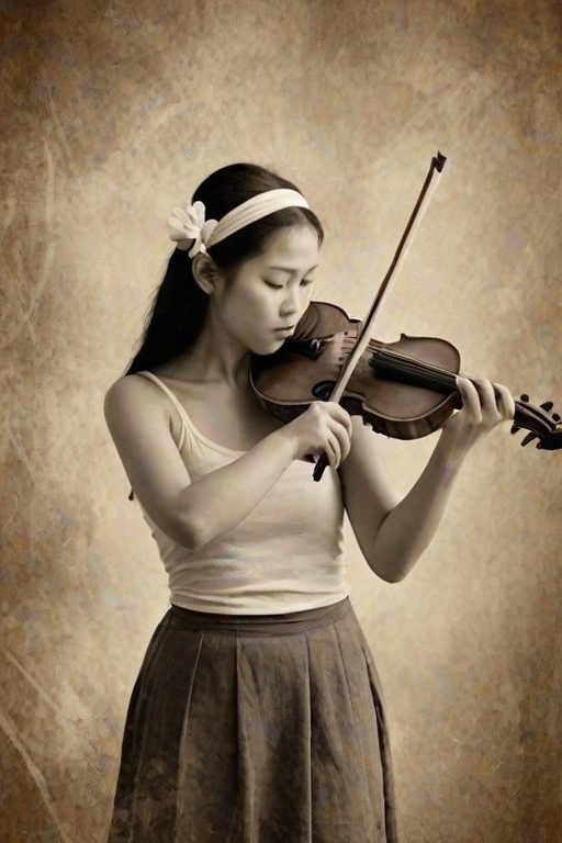 a young Ryukyuan woman with a white headband playing a violin, in the style of a charcoal drawing, sepia grunge background