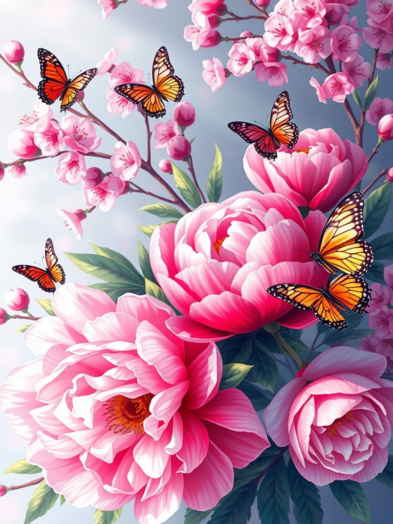 Create a vibrant floral illustration featuring pink peonies and cherry blossoms with butterflies, using a high-resolution digital art style, close-up view, soft focus lens, and settings of ISO 100, aperture f/2.8, and shutter speed 1/200s for enhanced depth and detail.