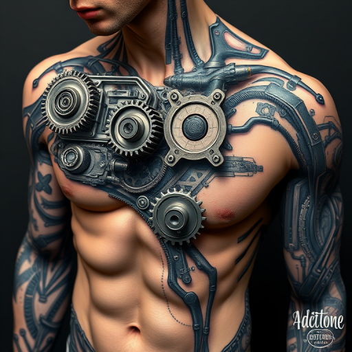 Realistic 3D biomechanical tattoo dubbed "Cybernetic Evolution" depicting hyper-detailed mechanical components seamlessly merging with human anatomy gears pistons and circuitry appear to lie just beneath the surface of the skin creating an illusion of a futuristic cyborg enhancement meticulously shaded to achieve a striking three-dimensional effect