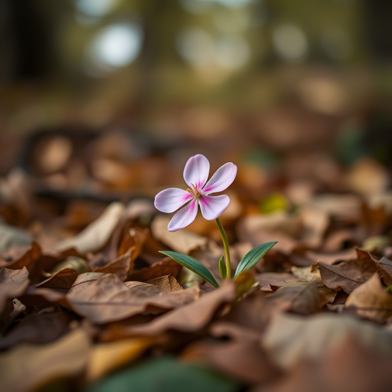 Capture a close-up of a single pink flower amidst fallen leaves, shallow depth of field, soft bokeh background, set aperture to f/2.8, shutter speed of 1/200 sec, ISO 100, using a DSLR camera with a 50mm lens, in natural light.