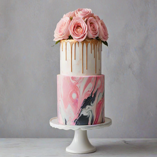 Create an artistic cake design featuring a tall, round cake with a smooth pink and white marbled effect. The cake should have splashes of black paint for a modern touch. At the top, add an arrangement of delicate, pastel-colored flowers, including roses and other soft blooms, to enhance its elegance. The background should be simple and bright to highlight the cake's vibrant colors.