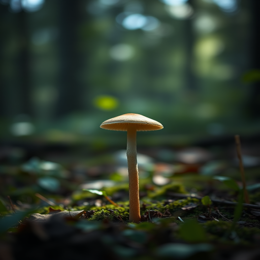 Create a close-up image of a single mushroom standing tall in a dimly lit forest, focus on the details of the cap and stem, use a Canon EOS R5 with a 50mm f/1.8 lens, aperture set to f/2.8, ISO 400, shutter speed 1/125s, capturing a shallow depth of field to highlight the mushroom against a blurred natural background.