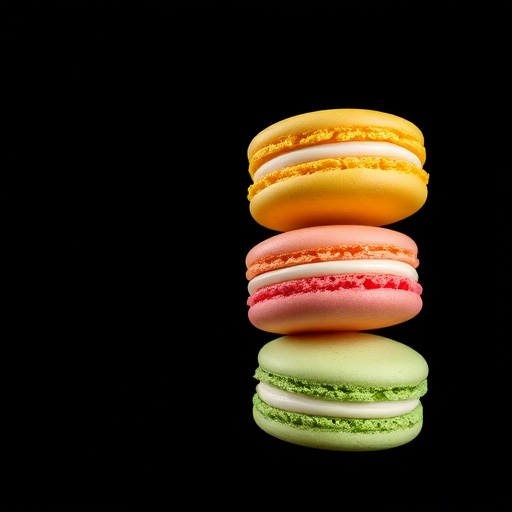 A stack of colorful macarons in mid-air with a dark background, soft lighting, 50mm lens, f/1.8 aperture, ISO 200, shot from a low angle with a shallow depth of field, using a DSLR camera.