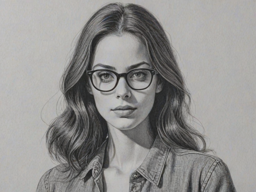 Radiant Kaya Scodelario, pencil sketch, portrait of Bewitching woman 1962s in glasses, hair style beatnik, outline, clear lines, fine lines, 8k