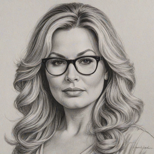 Attractive Jennifer Coolidge, pencil sketch, portrait of Stunning woman 1978s in glasses, hair style beatnik, outline, clear lines, fine lines, 8k