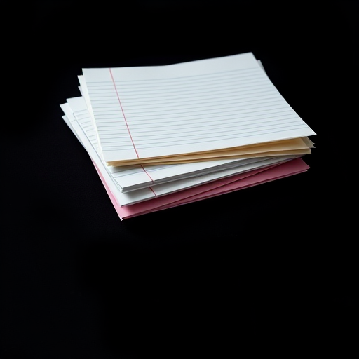 Create a high-resolution image of three sheets of lined paper stacked on top of each other, using a macro lens at f/2.8 aperture, shot from a 45-degree angle, with a DSLR camera, ensuring vibrant colors and sharp details against a plain black background.