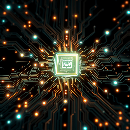 Generate a futuristic circuit board design with a central glowing processor. Emphasize intricate patterns and glowing elements, creating a high-tech, digital aesthetic. Use a dark background to enhance the brightness of the lights and details.