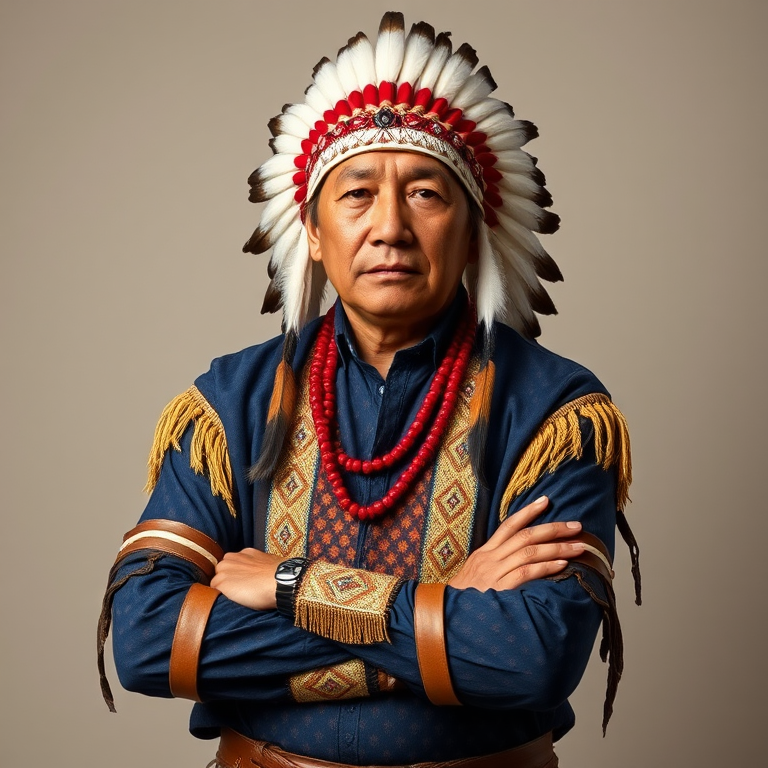 Create a dignified portrait of a Native American man dressed in traditional attire. He wears a beautifully crafted headdress adorned with white feathers and red beads, along with a beaded headband featuring intricate patterns. His clothing includes a deep blue, patterned shirt and a traditional chest piece with detailed beadwork. His arms are crossed, displaying leather armbands decorated with feathers. The background is simple and neutral, emphasizing his proud and stoic expression. The overall image captures the rich cultural heritage and strength of his persona.