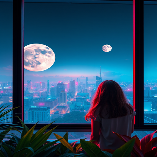 Regenerate an image of a girl looking out a futuristic window at a vibrant cityscape with two large moons in the sky, incorporating neon colors and lush plants in the foreground, using a Canon EOS R5 with a 24mm f/1.4 lens at ISO 100, aperture f/1.8, 1/60 sec shutter speed, in a panoramic view, with a focus on high detail and vibrant colors.