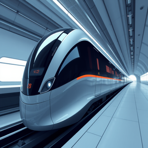 Create a high-resolution illustration of a sleek, futuristic train design, captured from a low-angle view with a wide aperture, using a digital camera style resembling a 35mm DSLR, focus on smooth curves and aerodynamic features, ensuring a bright and clean background for contrast.