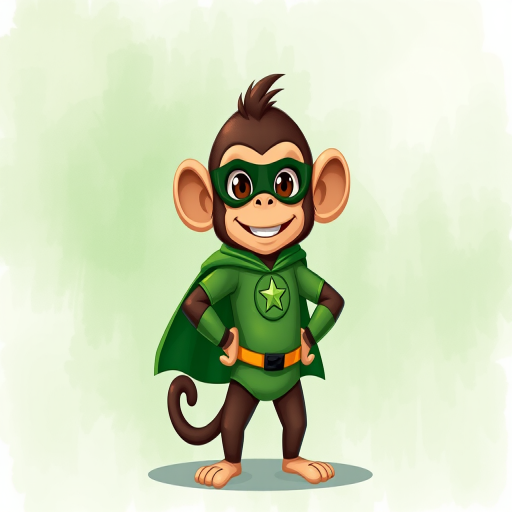 Create an illustration of a cartoon monkey dressed as a superhero in a green suit with a star, standing confidently with hands on hips against a soft green watercolor background, use a digital painting style with high resolution, 35mm lens, f/2.8 aperture, and soft lighting to enhance depth and color vibrancy.