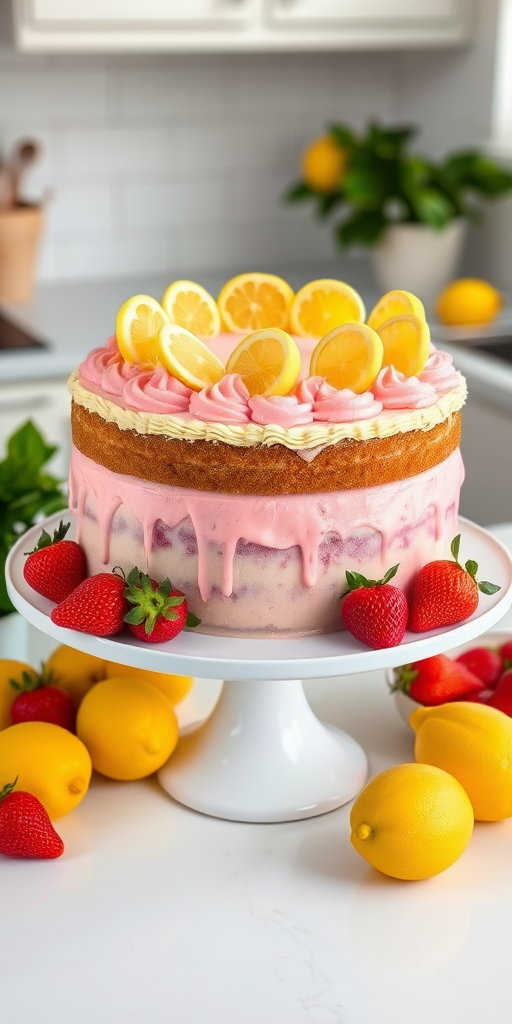 A beautifully decorated cake with pink and yellow frosting topped with lemon slices and swirls, placed on a white cake stand surrounded by fresh strawberries and lemons, set against a light kitchen background with greenery.