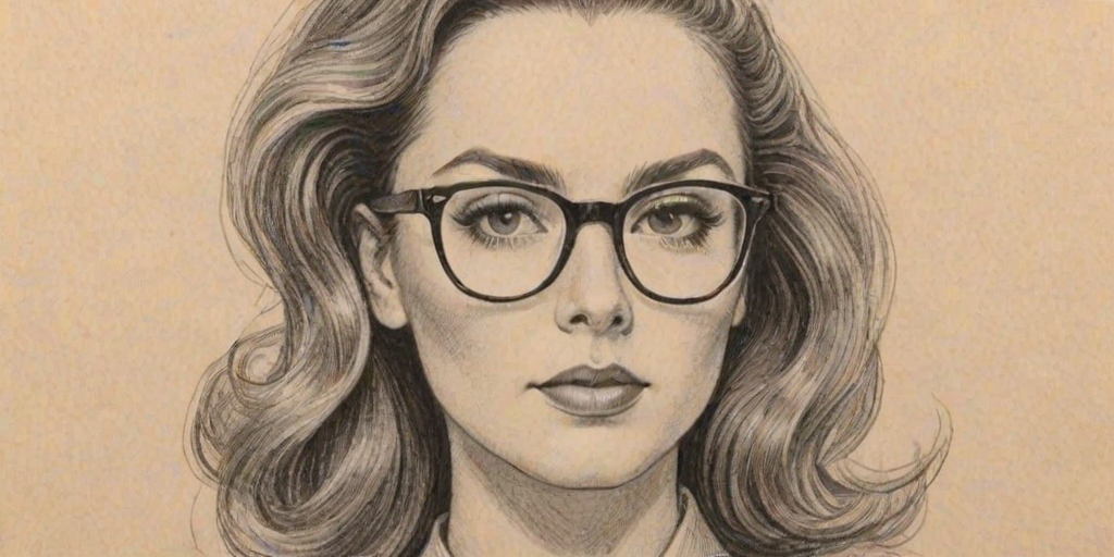 Enticing Erin Cahill, pencil sketch, portrait of Bewitching woman 1948s in glasses, hair style beatnik, outline, clear lines, fine lines, 8k