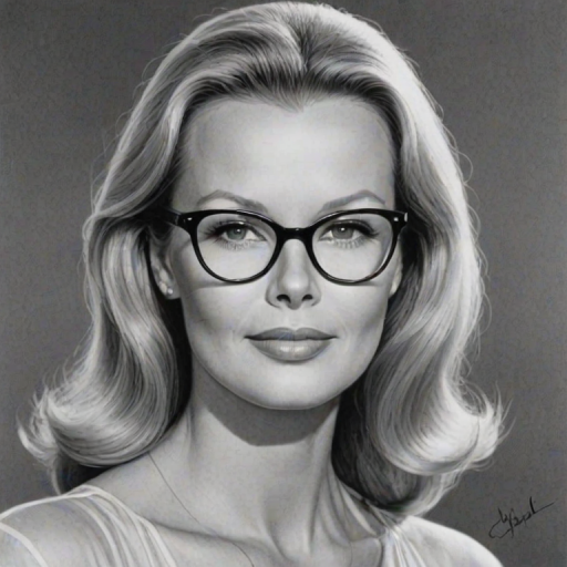 Delightful Cheryl Ladd, pencil sketch, portrait of Delightful woman 1951s in glasses, hair style beatnik, outline, clear lines, fine lines, 8k