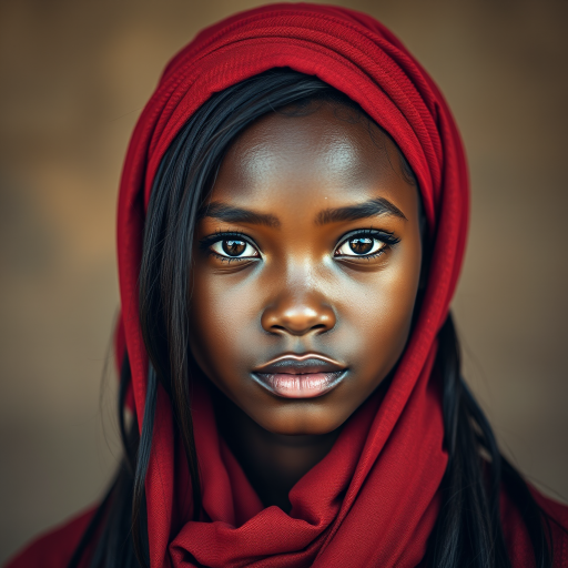 Create a portrait of a young Zulu woman with long, dark hair and captivating hazel eyes. She is wearing a red headscarf and a matching scarf draped gracefully around her neck. The background is softly blurred, focusing attention on her serene and natural expression. The overall color palette is muted and warm, enhancing the intimate and authentic feel of the portrait.
