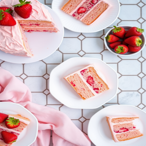 A beautifully arranged dessert table featuring slices of strawberry cake with pink frosting on white plates, accompanied by fresh strawberries in a bowl, set on a hexagonal tile surface with a soft pink fabric draped elegantly.
