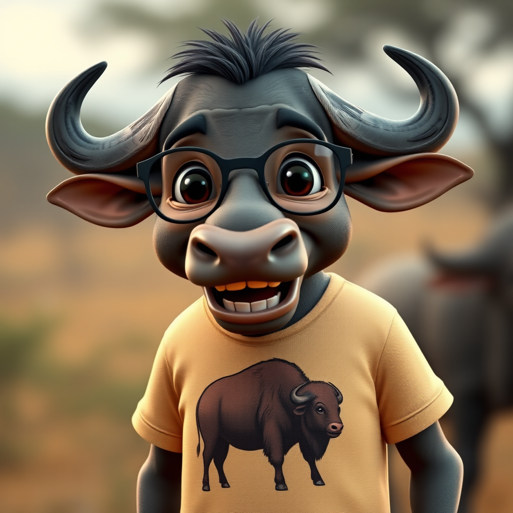 Hyperrealistic 3D render of a smiling cartoon Cape Buffalo wearing glasses and a beige t-shirt with a smaller buffalo image printed on it, missing some teeth, set against a blurred African savanna background, detailed fur, 8k resolution, octane render, artstation trending.