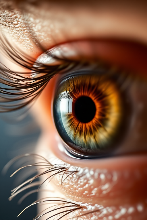 Close-up of a human eye with intricate details, high resolution, focus on the iris and pupil, shallow depth of field, f/2.8, 50mm lens, natural light, DSLR camera, studio lighting.