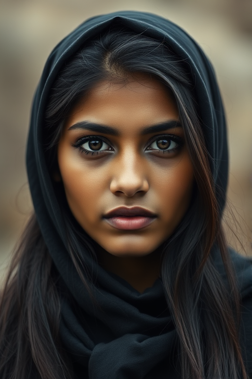 Create a portrait of a young Indian woman with long, dark hair and captivating hazel eyes. She is wearing a black headscarf and a matching scarf draped gracefully around her neck. The background is softly blurred, focusing attention on her serene and natural expression. The overall color palette is muted and warm, enhancing the intimate and authentic feel of the portrait.