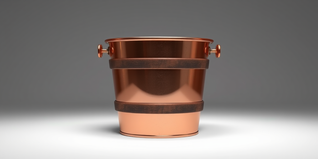 Generate a high-quality 3D rendering of a copper bucket with wood bands, featuring realistic lighting and reflections, captured with a Canon EOS R5, 24mm lens, f/2.8 aperture, ISO 100, in a studio setting with softbox lighting for even illumination.