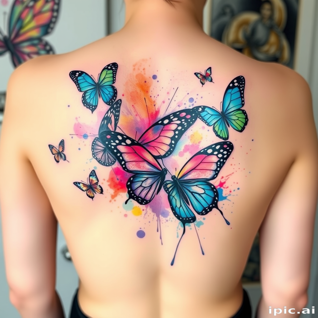 Stunning watercolor tattoo of vibrant butterflies in flight across the back, featuring soft pastel hues blending seamlessly with bold splashes of neon, creating a dreamy and ethereal effect