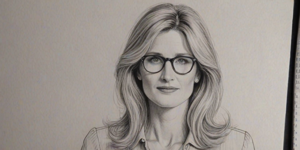 Ravishing Laura Dern, pencil sketch, portrait of Dazzling woman 1974s in glasses, hair style beatnik, outline, clear lines, fine lines, 8k