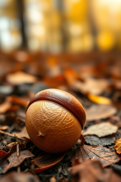close-up of a chestnut shell on forest floor, soft-focus background, natural light, f/2.8, ISO 100, 1/200s, macro lens, DSLR camera, low angle view, warm tones, shallow depth of field