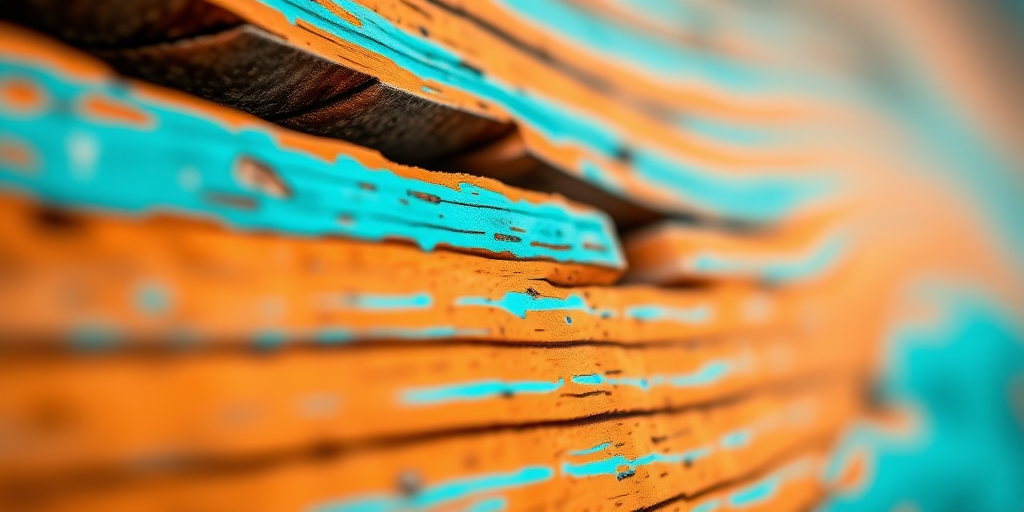 Create a high-resolution close-up image of a textured wooden surface featuring vibrant orange and turquoise colors, using a Canon EOS R5 with a 50mm lens, aperture set to f/2.8, ISO 100, and natural lighting for enhanced detail and color richness.